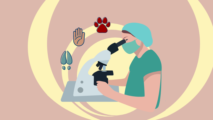 Research scientist looks into microscope. The prints of a paw, claw, and hand symbolize that the research being conducted serves One Health